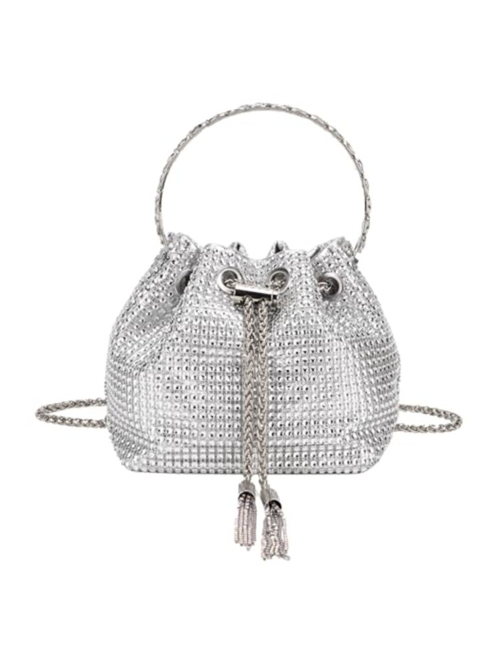 Rhinestone Bucket Bag with Chain Strap Sparkly Drawstring Clutch